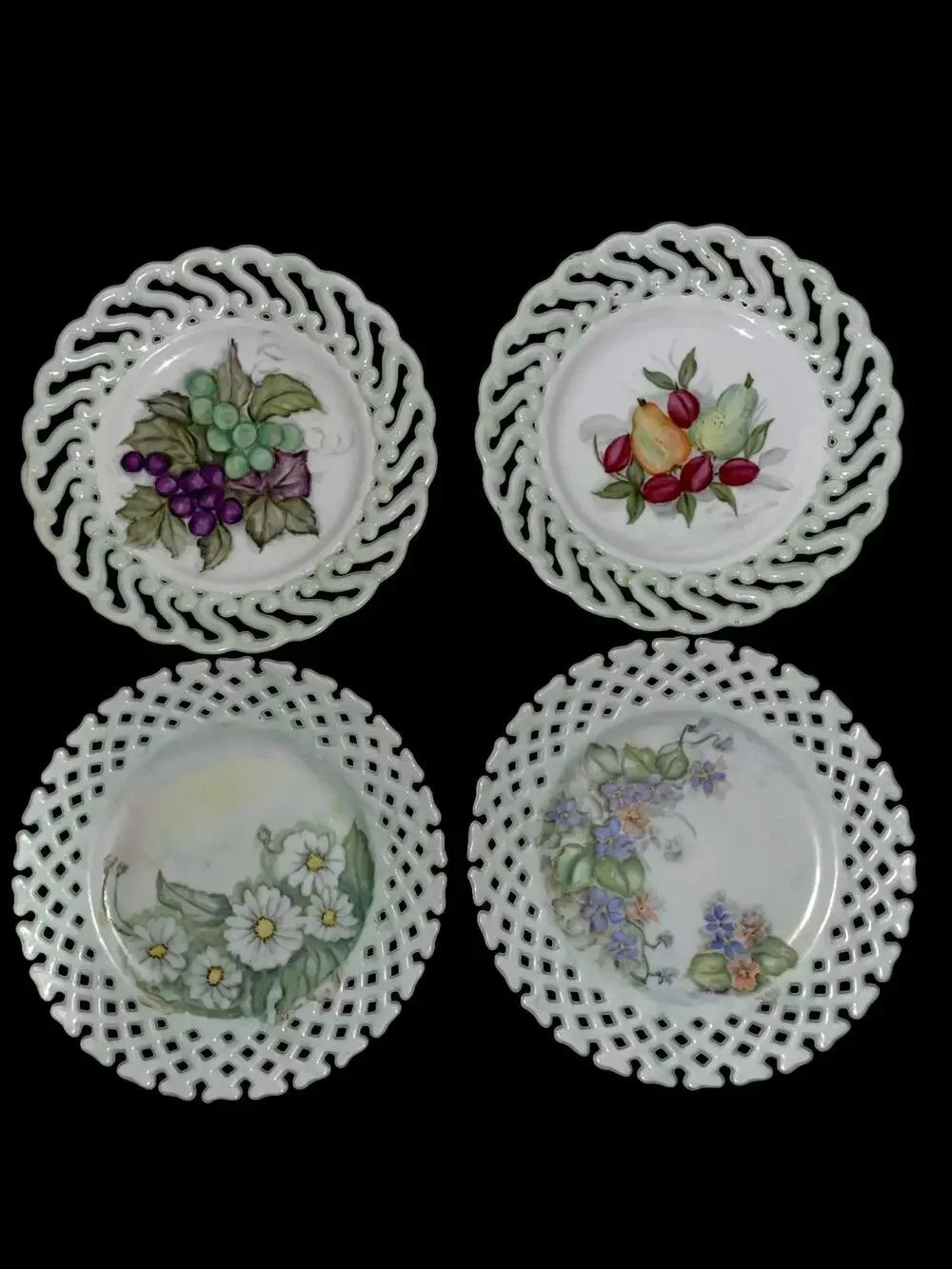 Vintage reticulated 4 milkglass fruit plates  decorative purposes w/ Signature